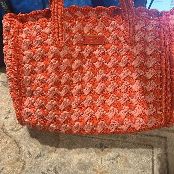 NWOT Kate Spade High Tide Striped Crochet Raffia Medium Tote - Picture 7 of 9